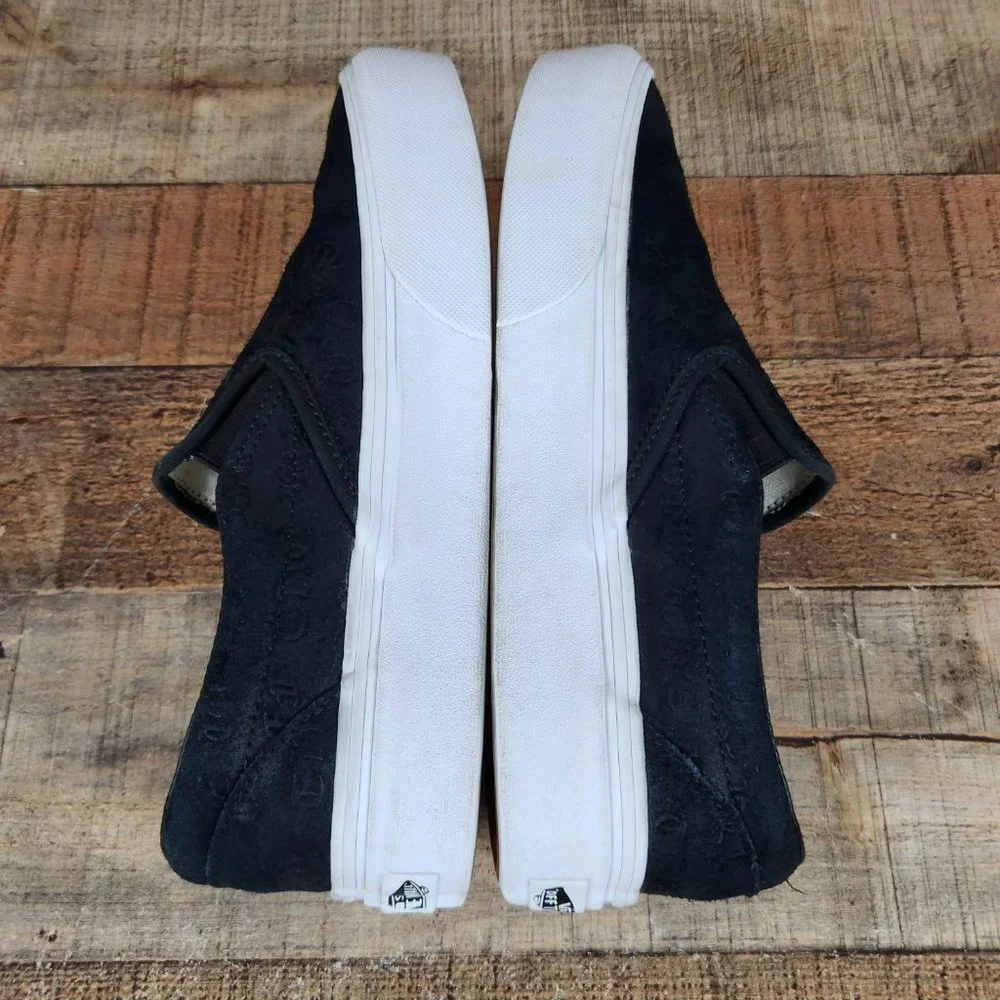 Vans Slip On Platform‎ Women Sz 6 Suede Embossed Letters Casual Classic Black - Picture 7 of 10